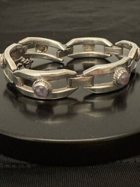 Vintage Sterling Silver Amethyst Link Bracelet - Heavy Modernist - 35g